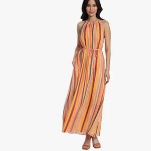 NWOT Sz 2 Maggy London Multicolored Stripe Halter Maxi Dress With Pockets❣️